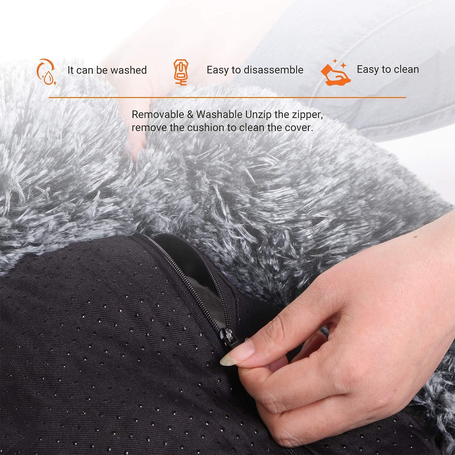 Hand zipping a black cover over a textured gray surface with cleaning instructions at Pet Servo