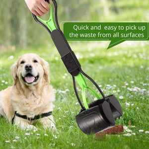 Dog waste picker with a dog in a grassy field, text overlay about ease of use at Pet Servo