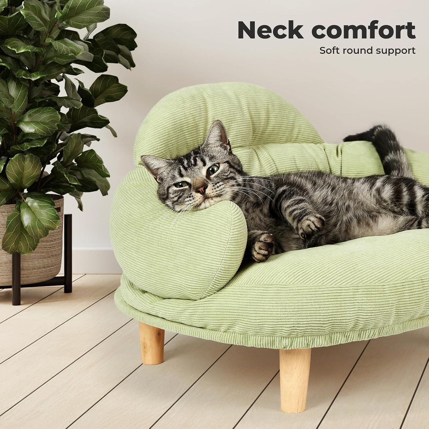 Cat lying on a green pet bed with 'Neck comfort' text above at Pet Servo