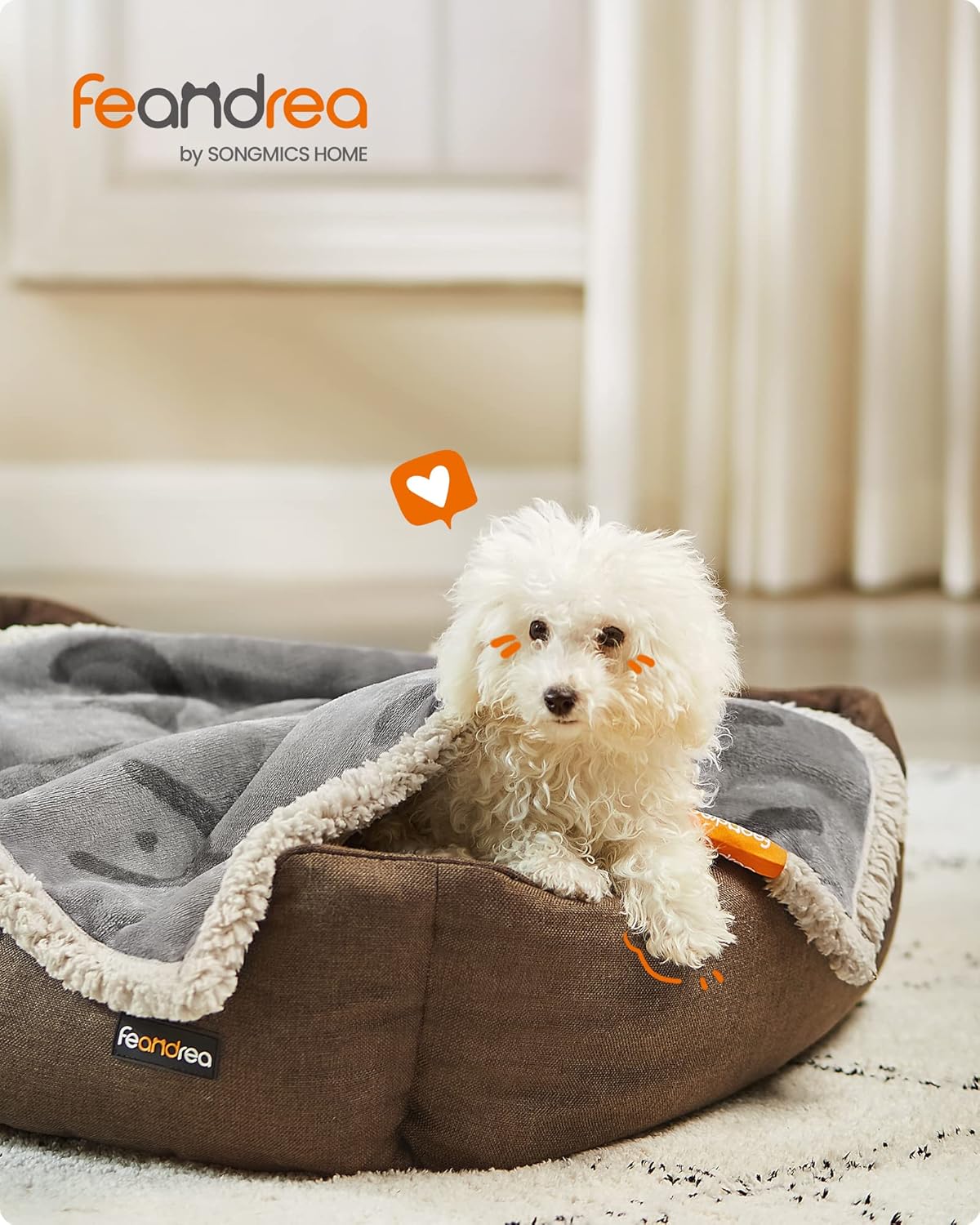 White dog sitting in a brown and gray pet bed with 'feandrea' branding at Pet Servo