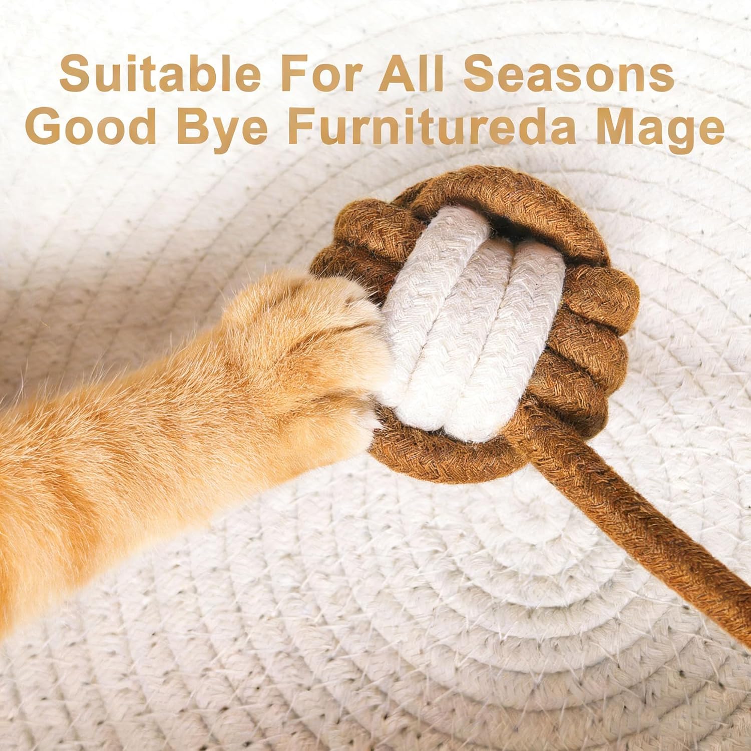 Dog paw holding a rope toy with text 'Suitable For All Seasons Good Bye Furnitureda Mage' on a textured background at Pet Servo