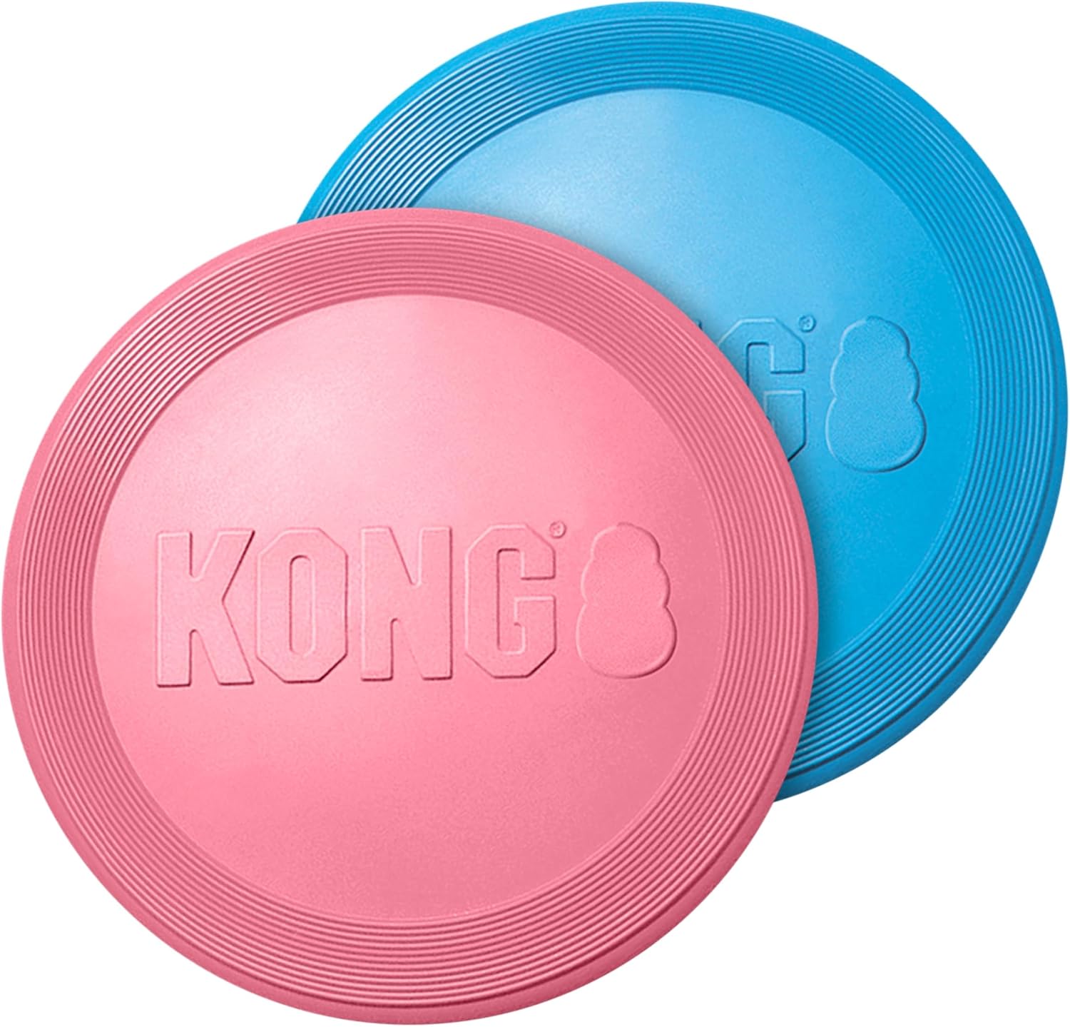 Pink and blue KONG dog toys on a white background at Pet Servo