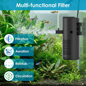 Aquarium filter with filtration, oxygen, aeration, rainfall, and circulation functions displayed at Pet Servo