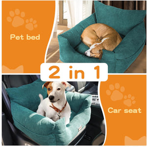 Teal pet bed used as a car seat with a dog inside, featuring '2 in 1' text and paw prints on an orange background at Pet Servo
