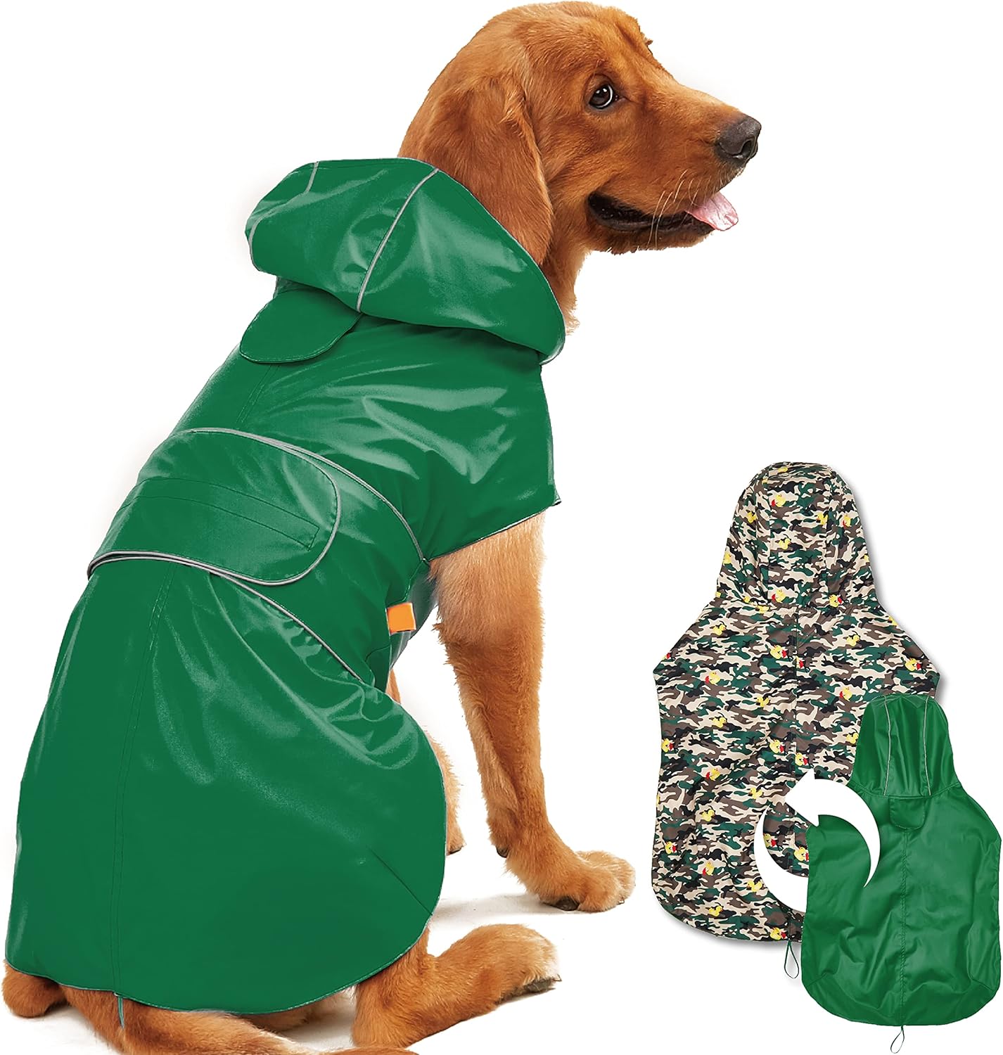 Dog wearing a green raincoat with camouflage pattern on a white background at Pet Servo