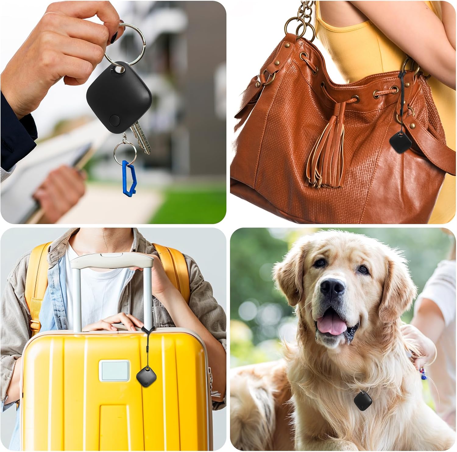 Collage of four images: a hand holding a keychain, a brown handbag, a person with a yellow suitcase, and a dog with a collar at Pet Servo