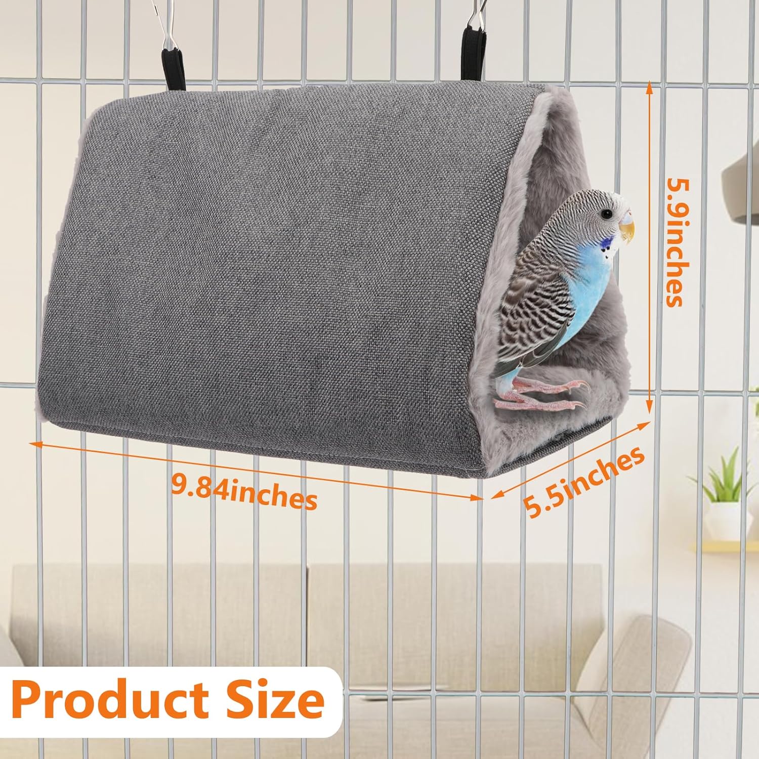 Gray bird hammock with measurements on a birdcage, featuring a parakeet at Pet Servo