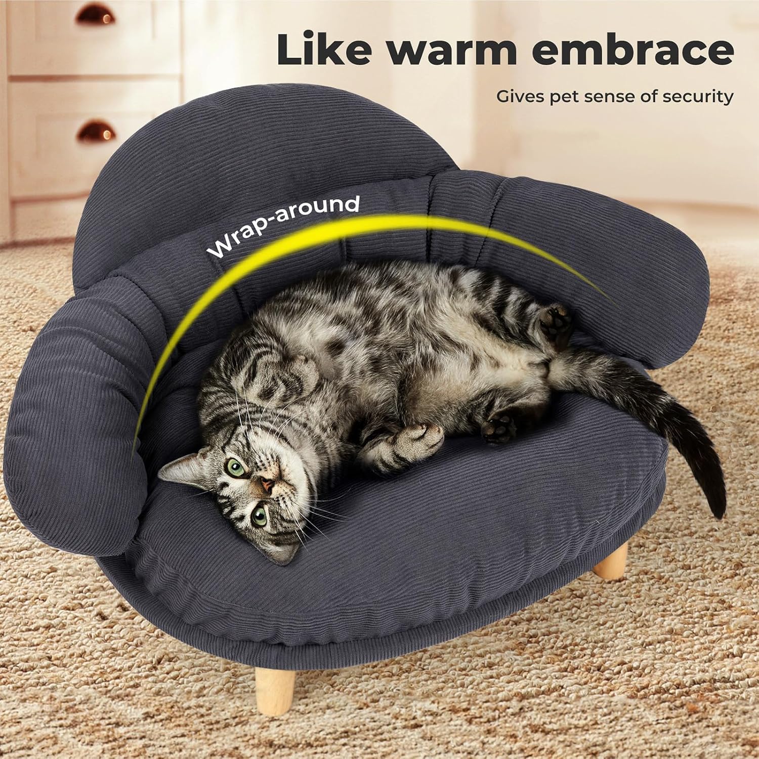 Cat lying on a gray wrap-around pet bed with text about security and comfort at Pet Servo