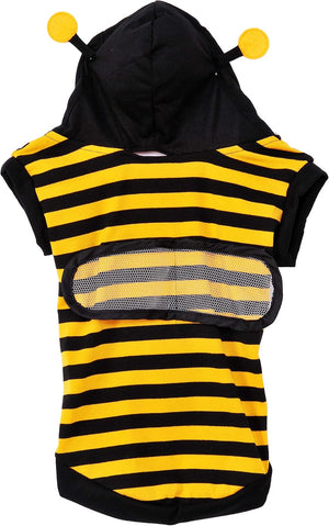 A pet bee costume featuring a black hood with yellow antennae, a black and yellow striped body, and a mesh wing detail on the front at Pet Servo
