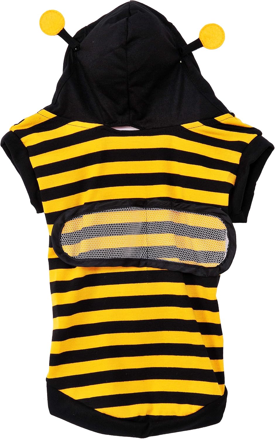 A pet bee costume featuring a black hood with yellow antennae, a black and yellow striped body, and a mesh wing detail on the front at Pet Servo