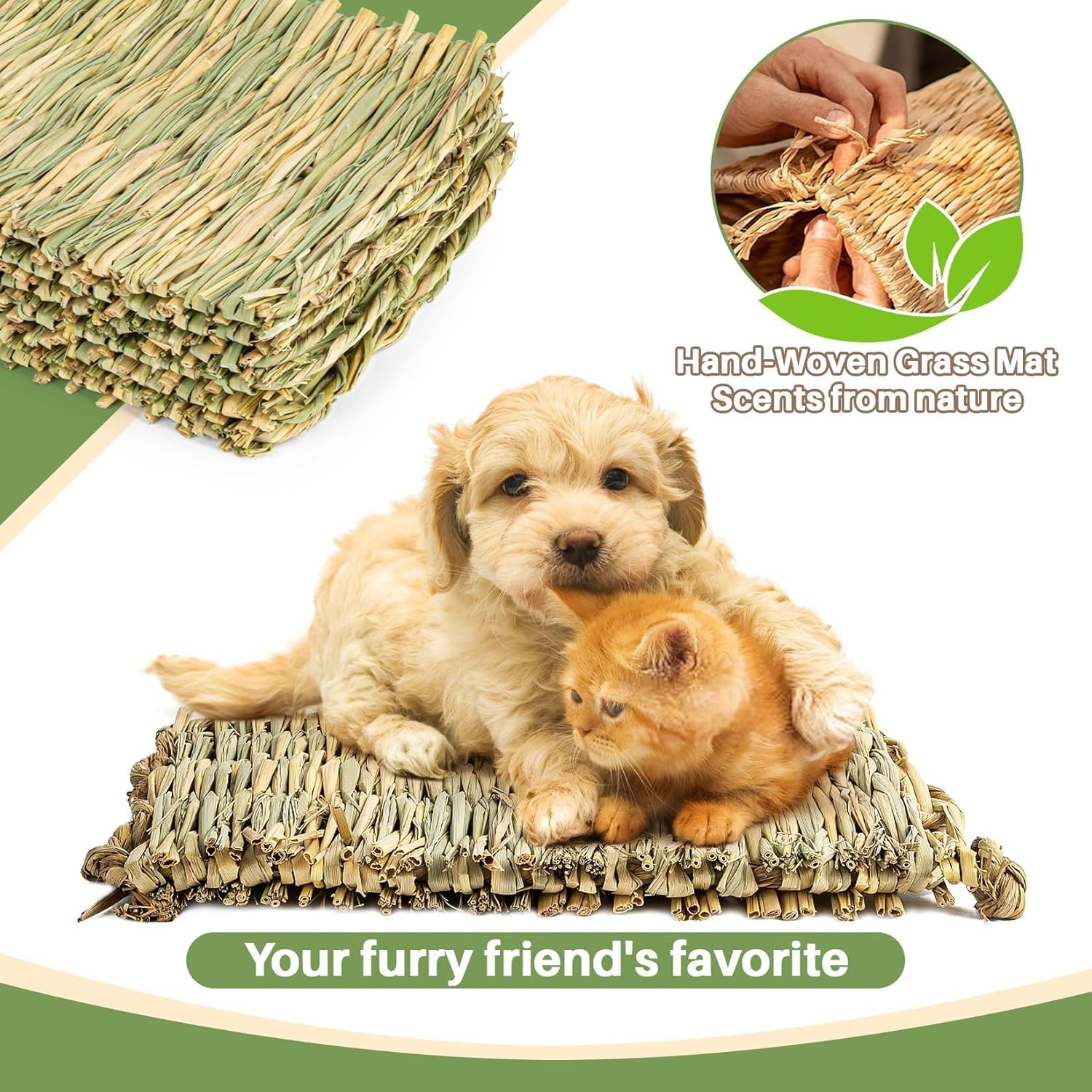 Hand-woven grass mat with a puppy and kitten on it, labeled 'Your furry friend's favorite' at Pet Servo