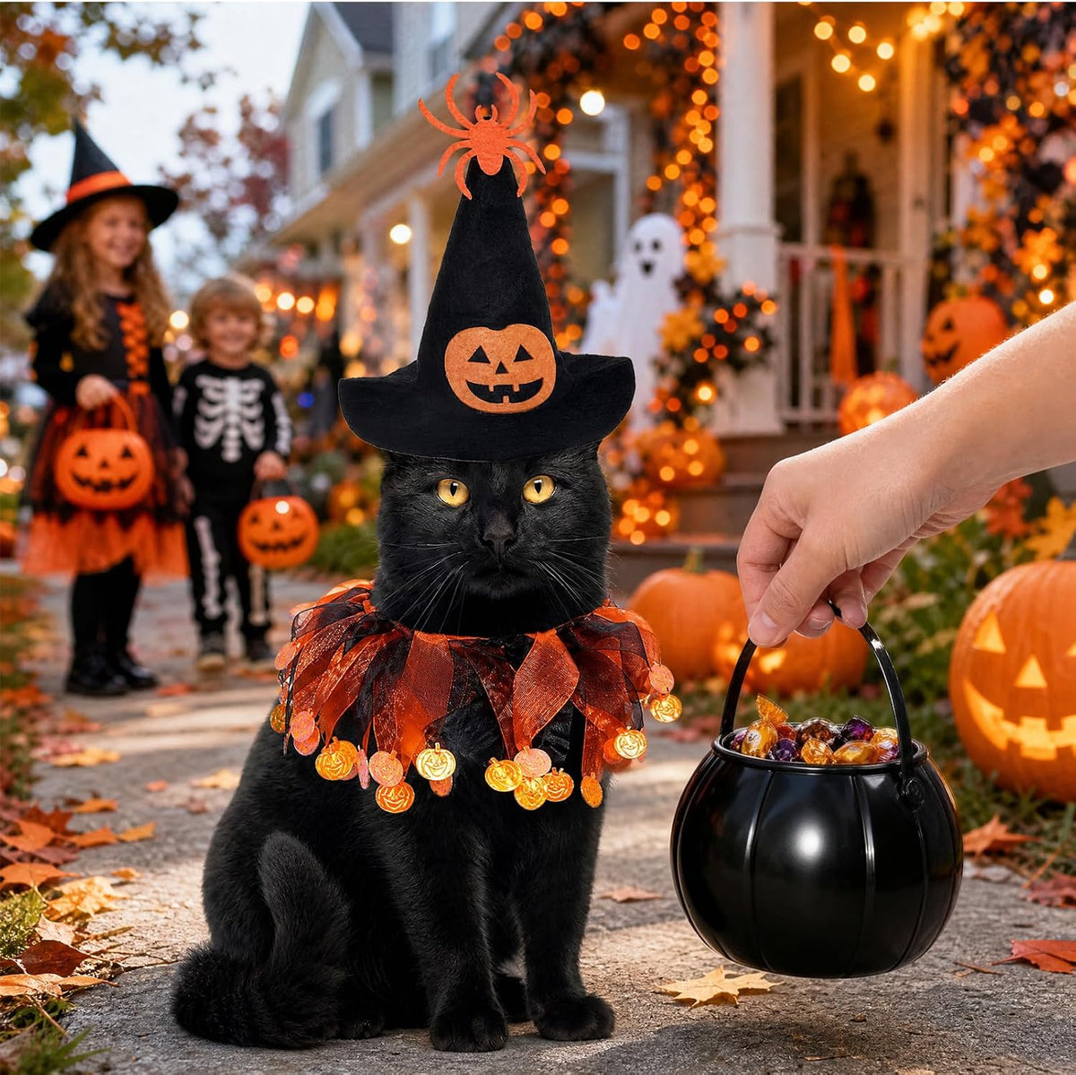 A black cat wearing a witch hat and orange ruffled collar sits on a front porch holding a black candy bucket, with children in Halloween costumes blurred in the background and a human hand entering from the right at Pet Servo