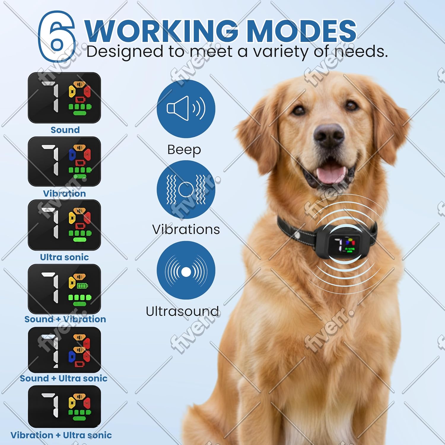 Dog wearing a smart collar with working modes displayed on a blue background at Pet Servo
