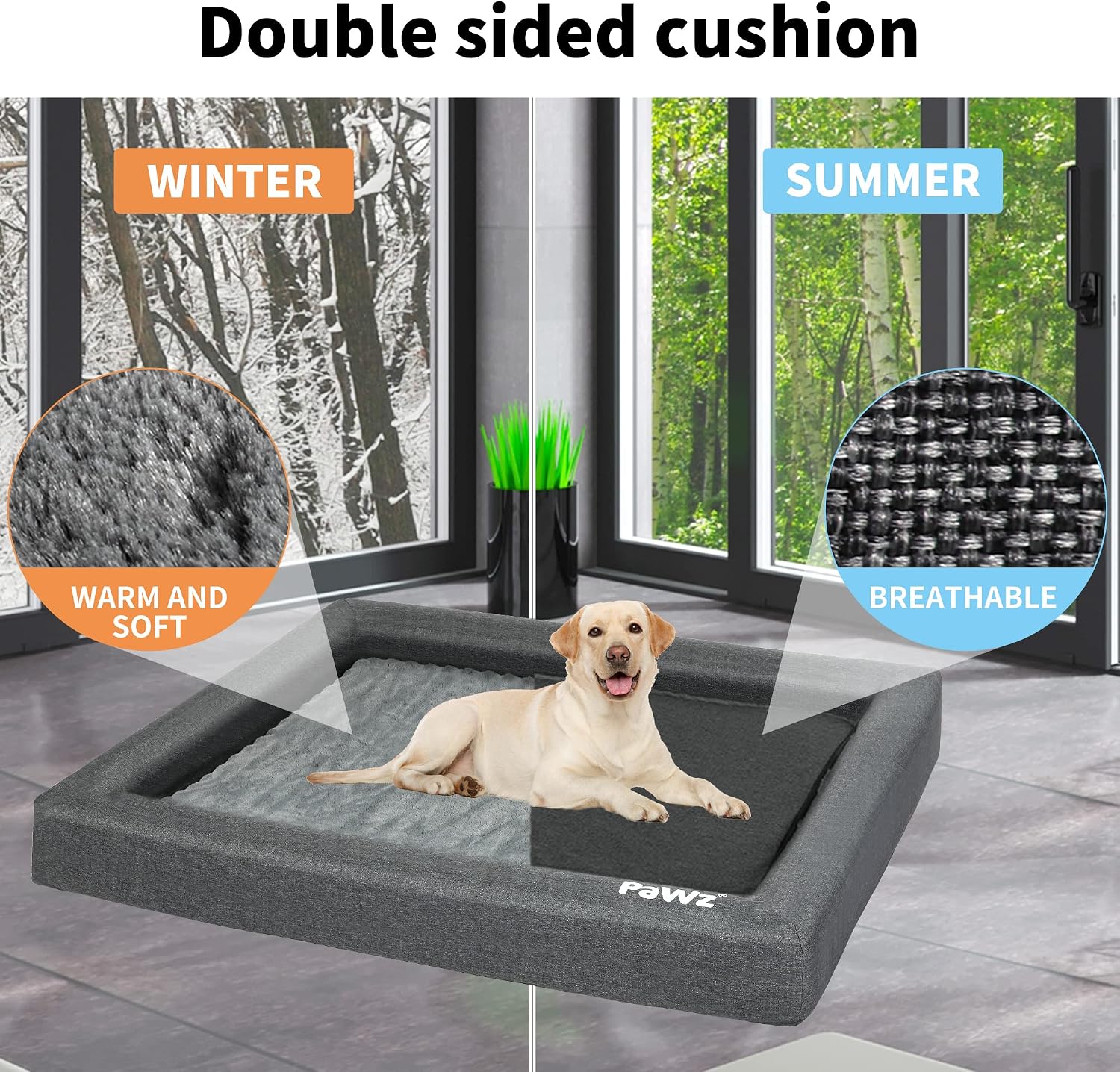 Dog bed with winter and summer texture options, featuring a dog lying on it at Pet Servo