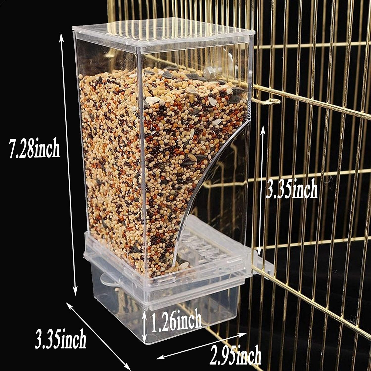 Bird feeder with birdseed inside, placed on a birdcage with dimensions displayed at Pet Servo