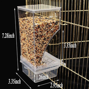 Bird feeder with birdseed inside, placed on a birdcage with dimensions displayed at Pet Servo