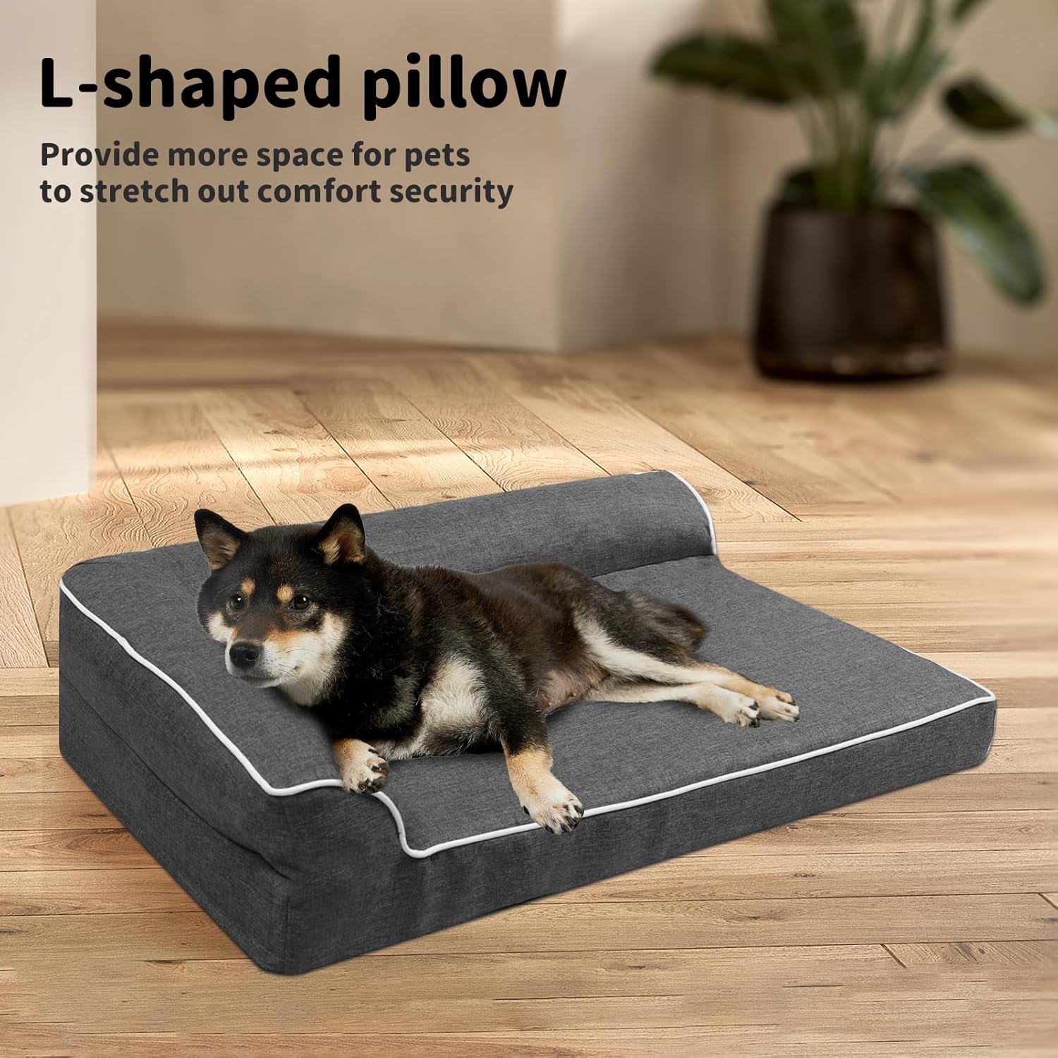 Dog lying on an L-shaped pillow with text about pet comfort at Pet Servo