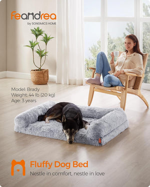 Fluffy dog bed with a dog and woman in a room, featuring the brand 'feandrea' at Pet Servo