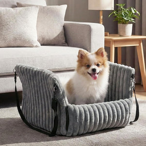 Small dog sitting in a gray pet seat in a living room at Pet Servo