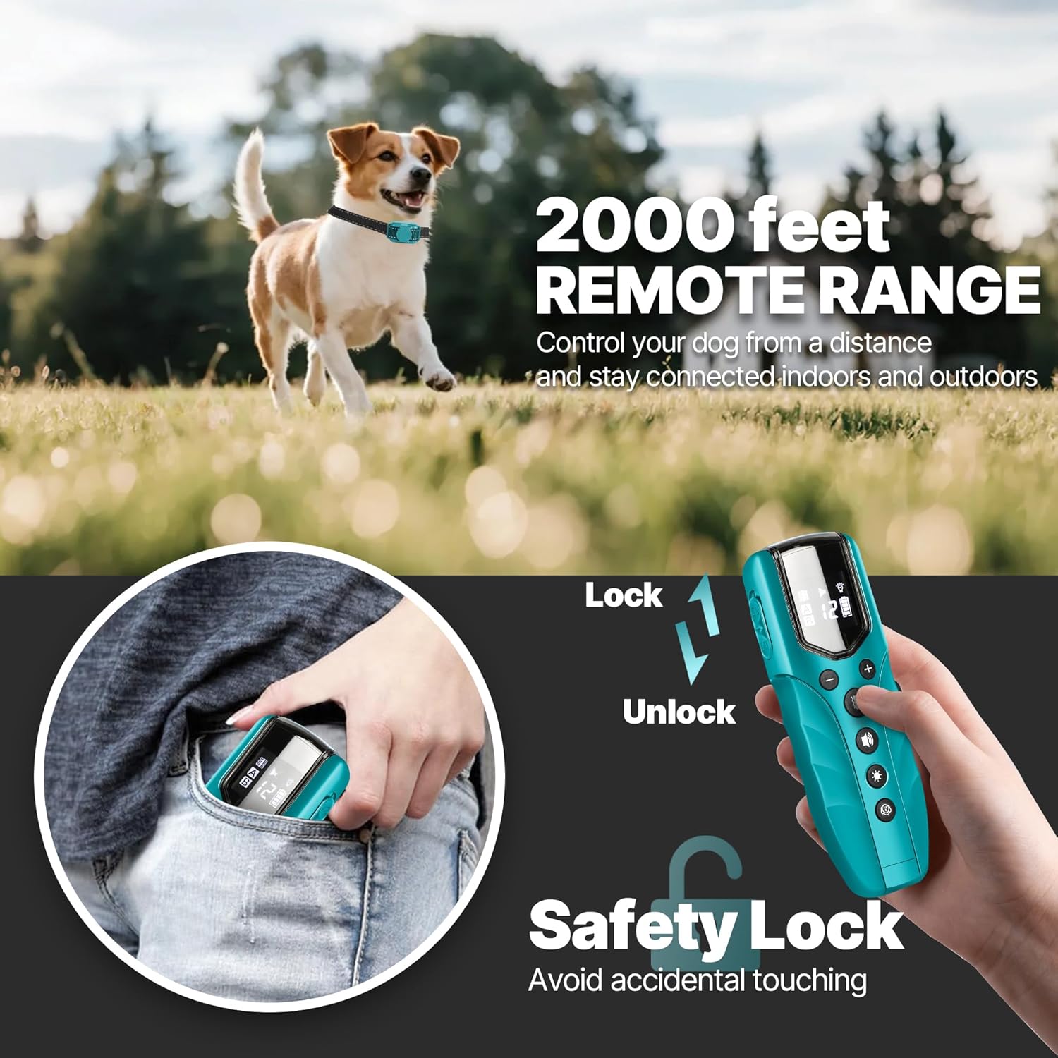 Dog training remote control with a dog in the background, emphasizing remote range and safety features at Pet Servo