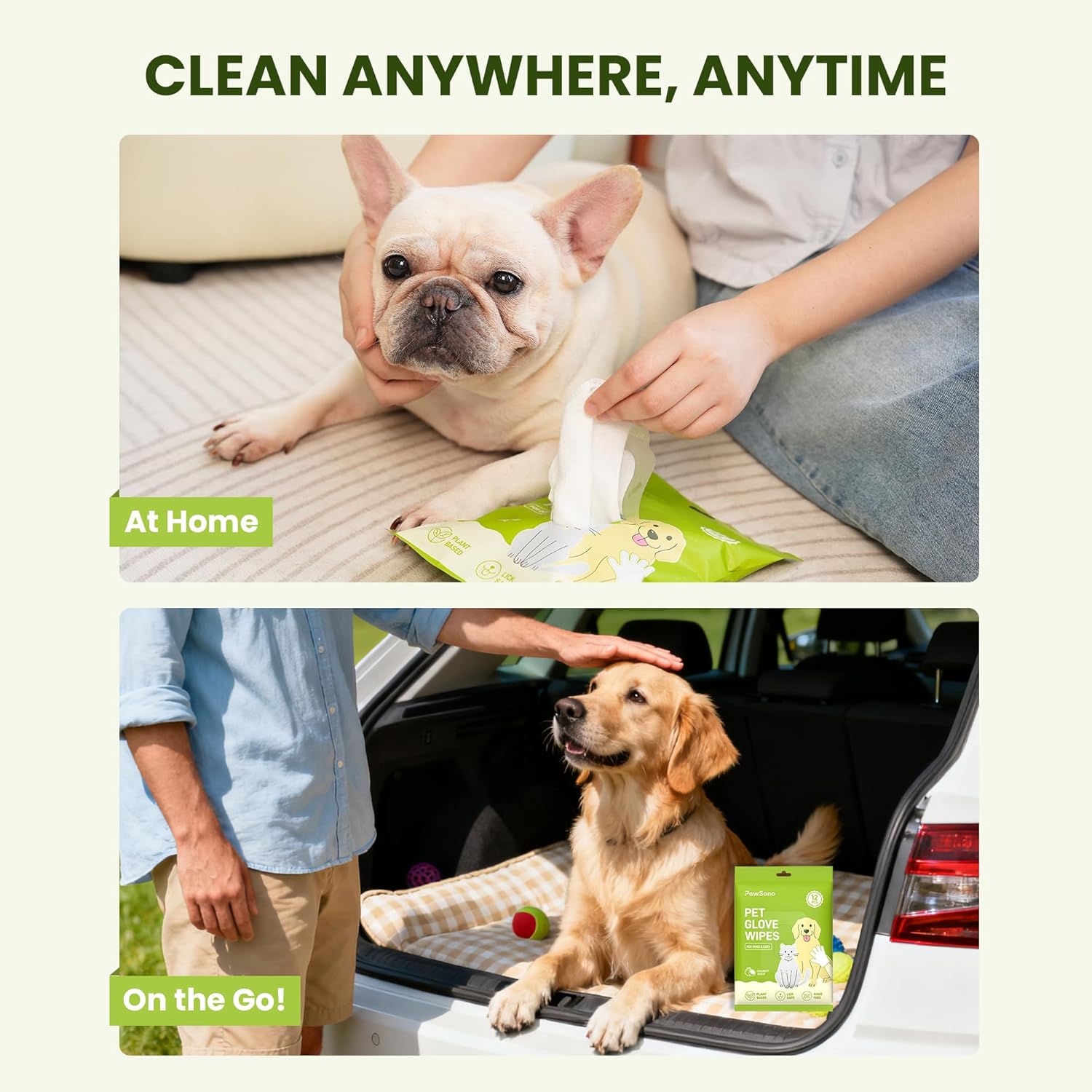 Dog cleaning products used at home and on the go with text 'Clean Anywhere, Anytime' at Pet Servo