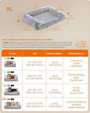 Pet bed size chart with measurements and recommended pet breeds for different sizes at Pet Servo