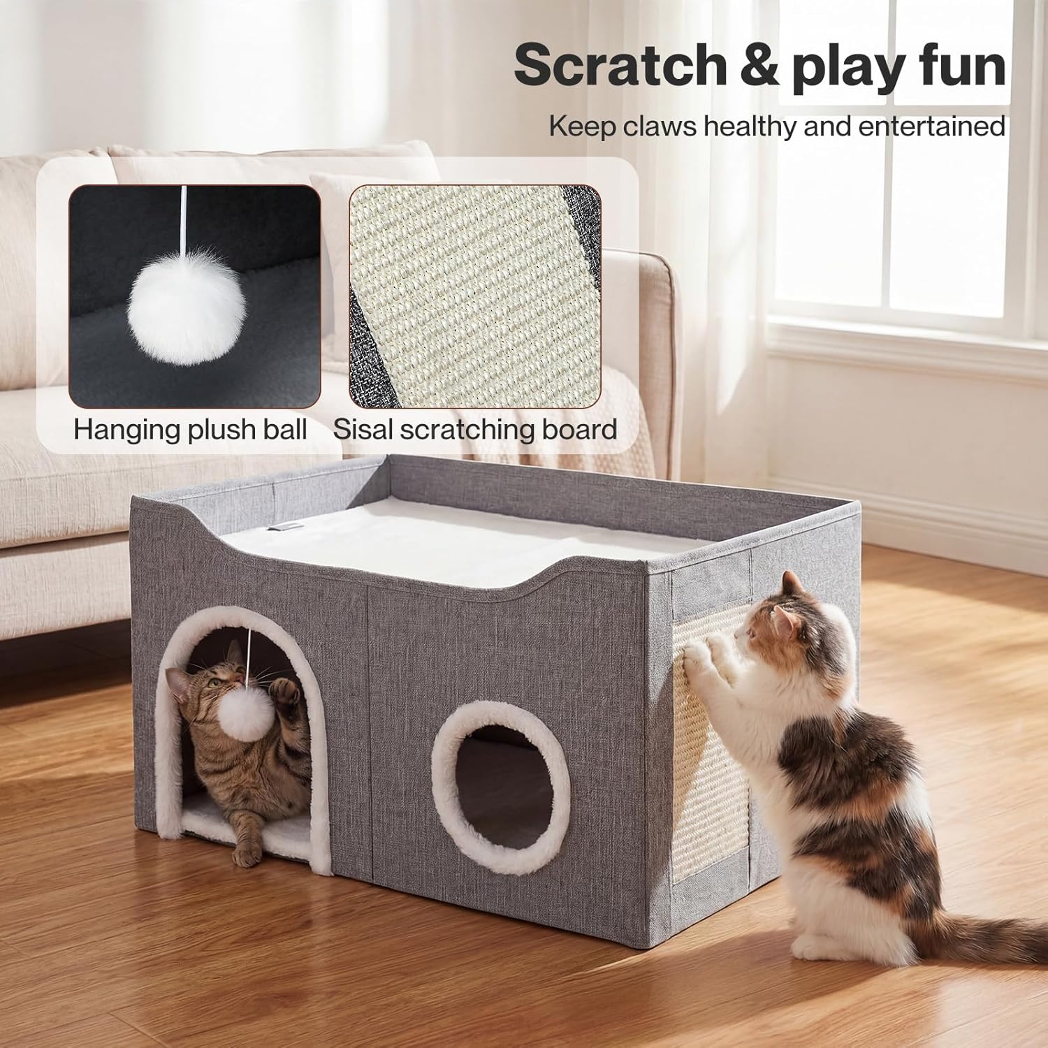 Pawz Large Enclosed Bed with Scratch Pad House for Indoor Cats, Grey at Pet Servo