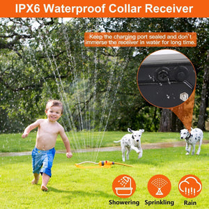 Child playing with a sprinkler in a grassy area with dogs, featuring an IPX6 waterproof collar receiver at Pet Servo