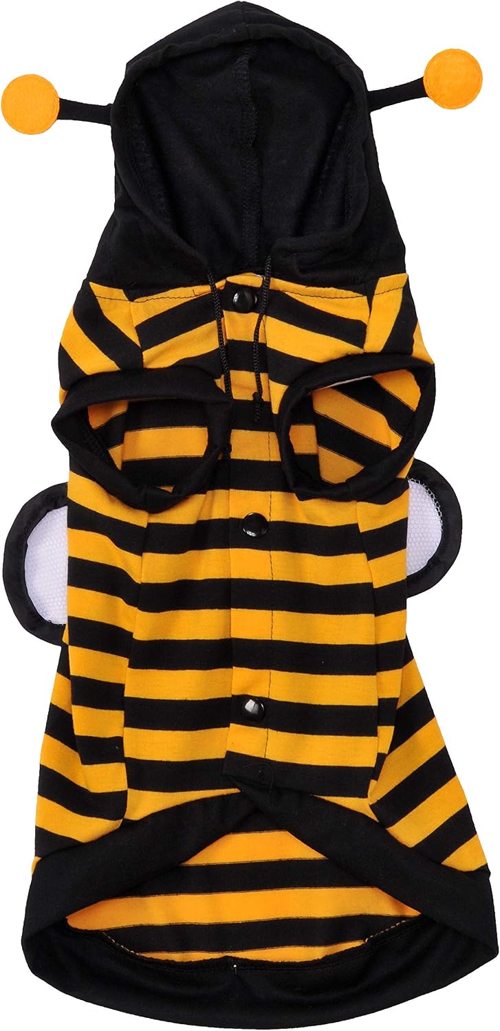 A pet bumblebee costume with a black and yellow striped body, a black hood with antennae, and white wing details on the sides at Pet Servo
