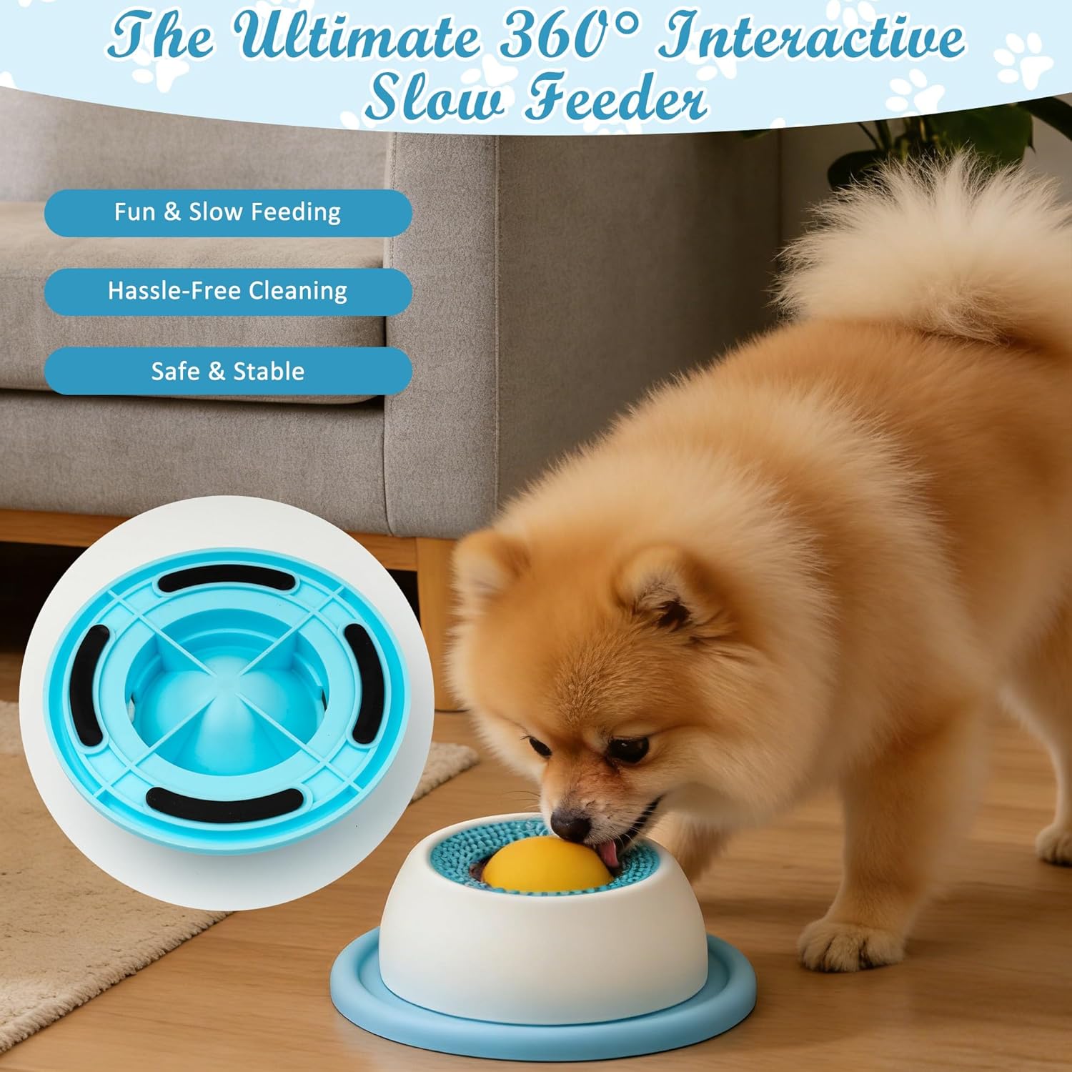 Dog using a 360-degree interactive slow feeder with text highlighting features at Pet Servo
