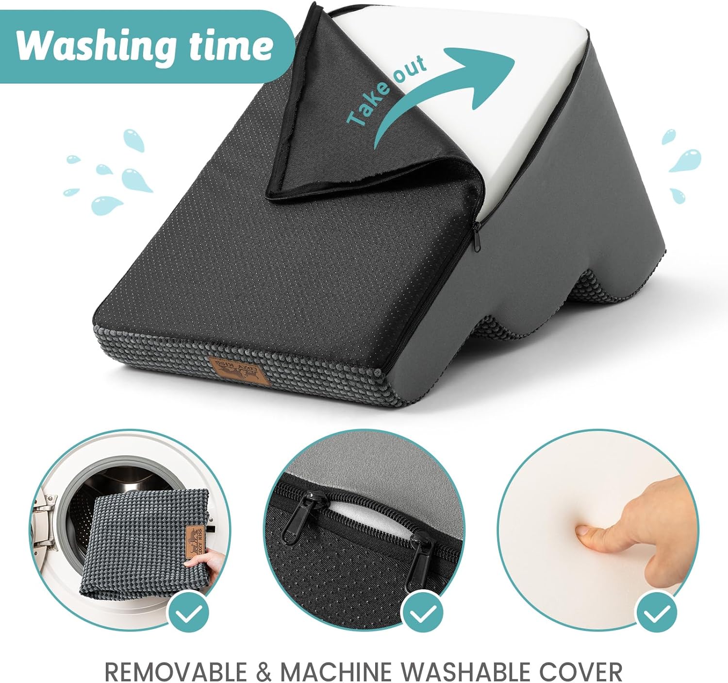 Black wedge-shaped product with a removable cover, shown with washing instructions on a white background at Pet Servo