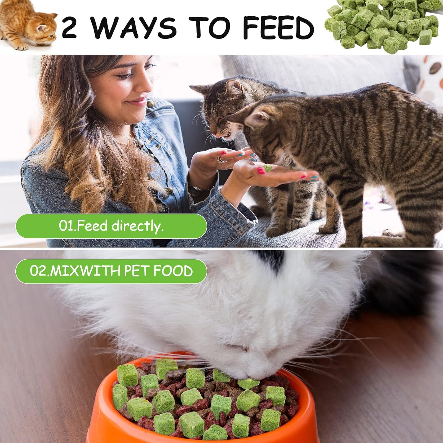 Two ways to feed cats with text overlay and images of a woman feeding directly and mixing with pet food at Pet Servo