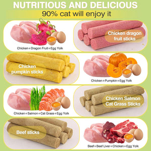 Assorted cat treats with ingredients and text on a green background at Pet Servo
