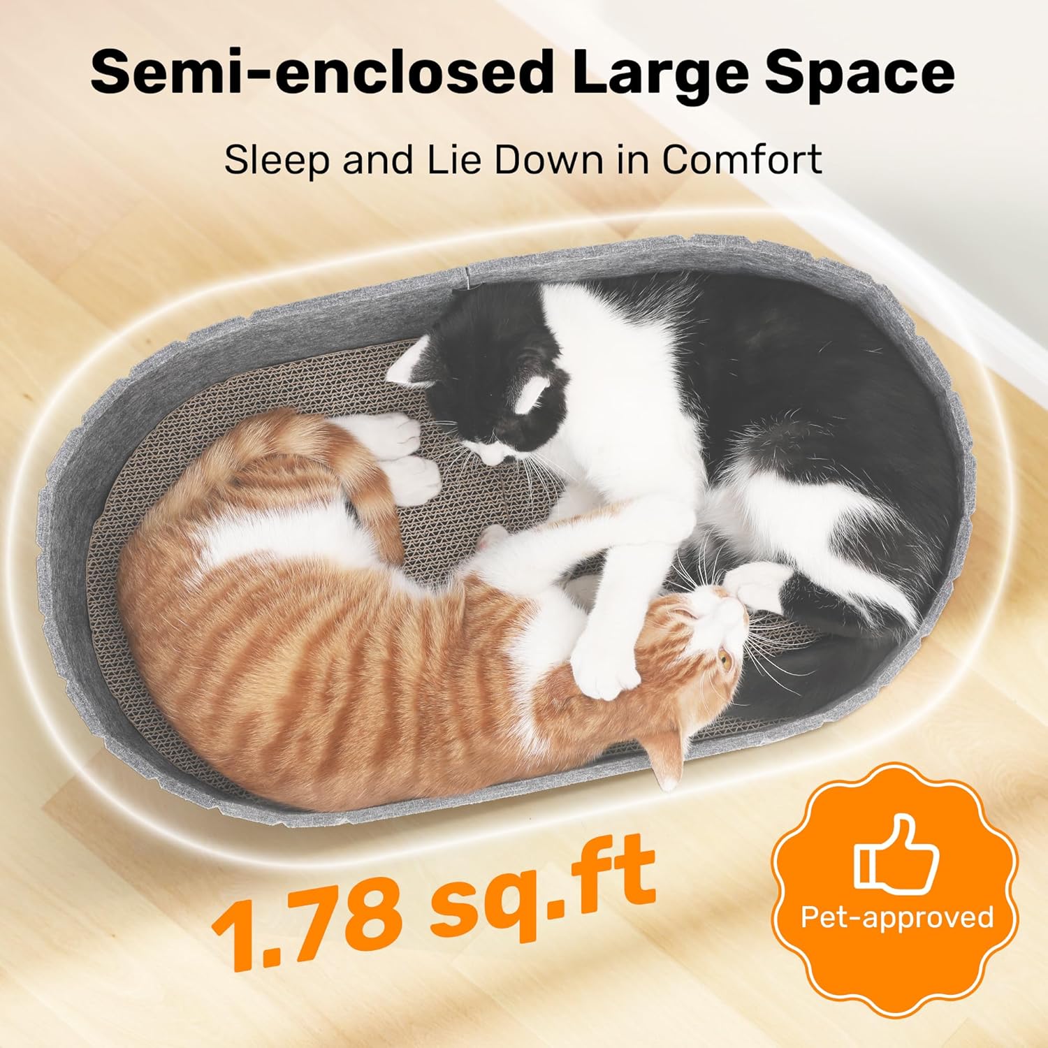 Two cats lying in a semi-enclosed large space pet bed with text indicating size and pet approval at Pet Servo