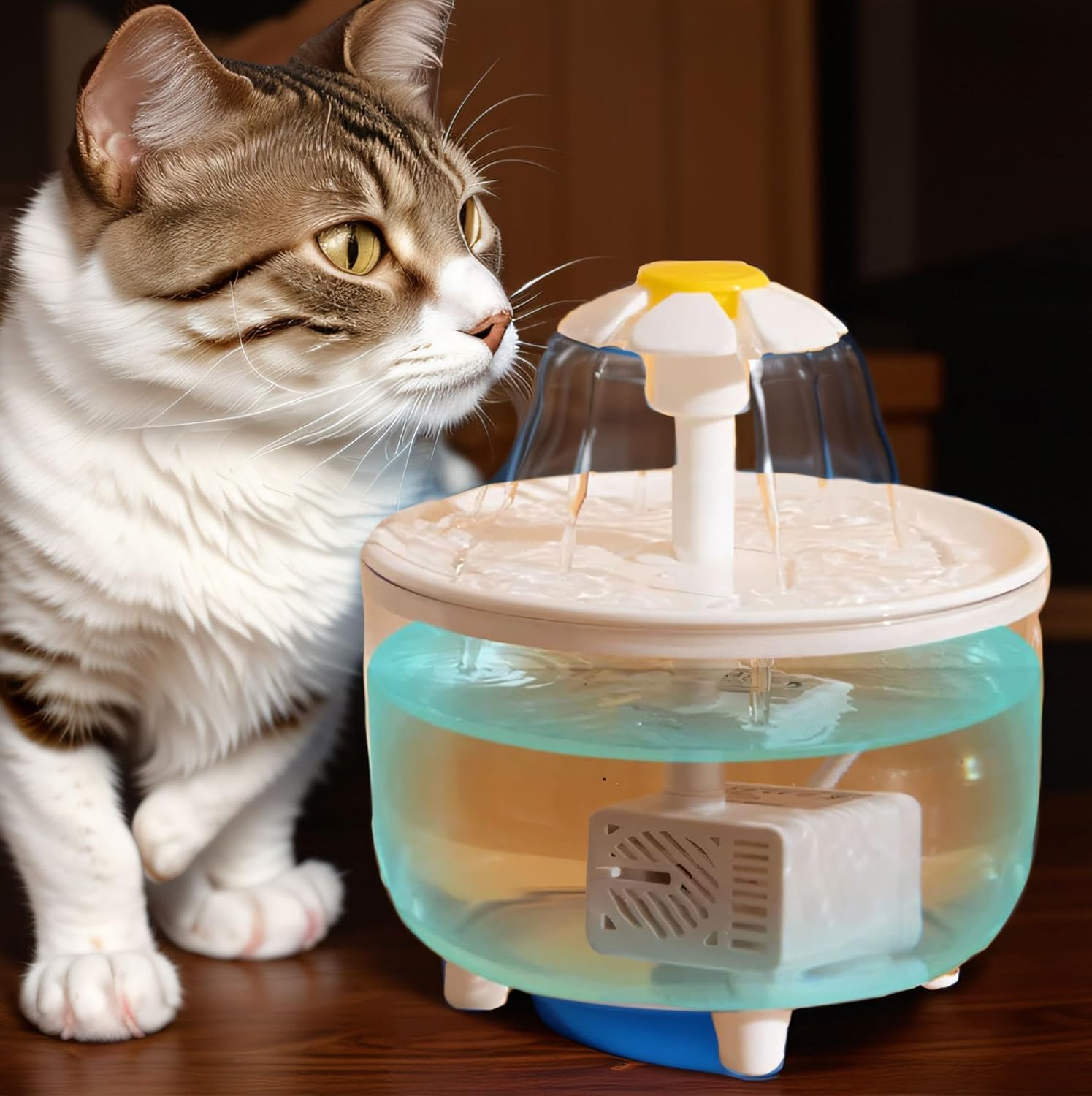 Cat interacting with a pet water fountain on a wooden floor at Pet Servo