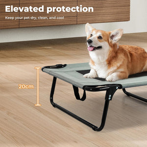 Dog lying on a elevated pet bed with text 'Elevated protection' and measurement '20cm' at Pet Servo