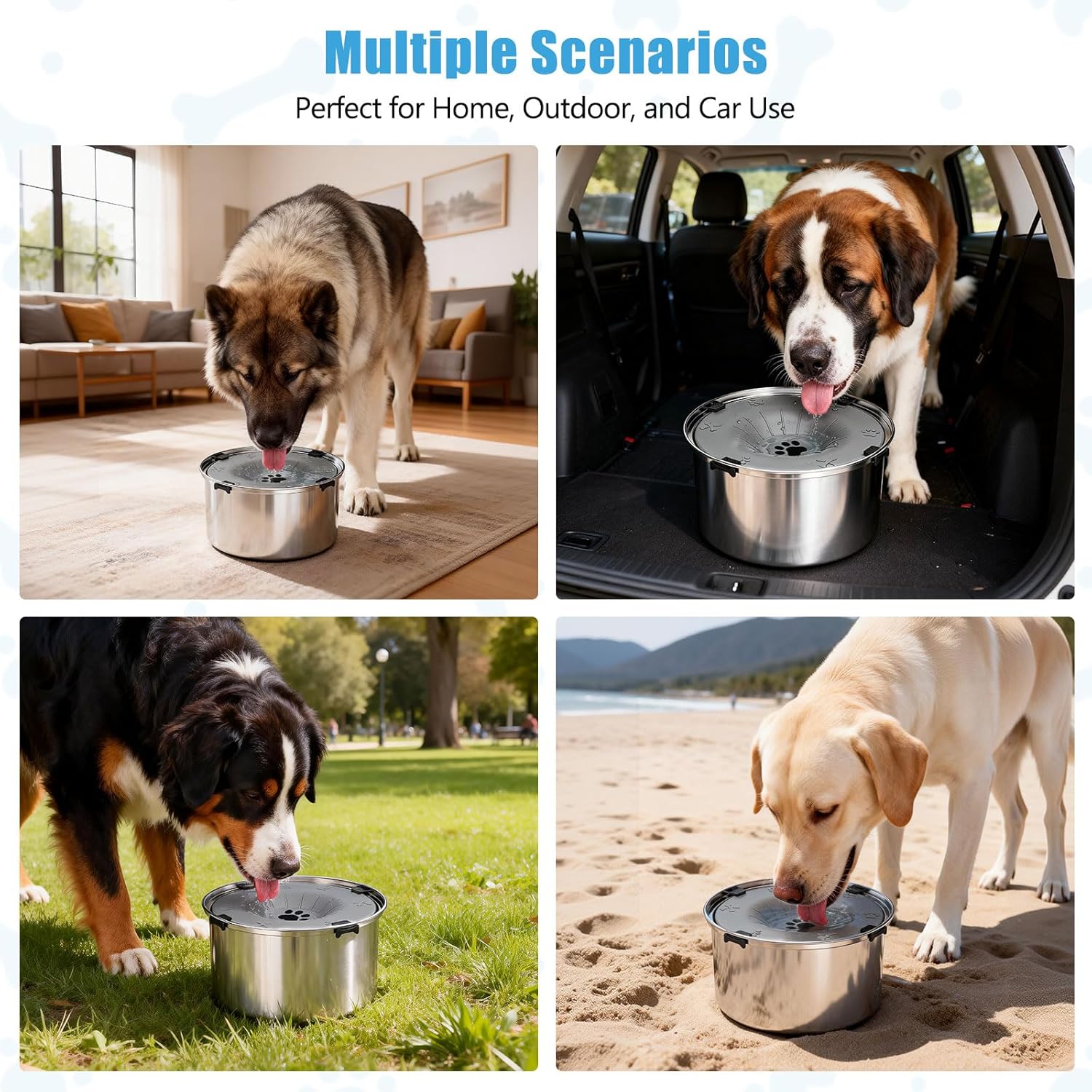 Stainless steel dog water bowl used in various settings including home, car, and outdoors at Pet Servo