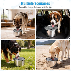 Stainless steel dog water bowl used in various settings including home, car, and outdoors at Pet Servo