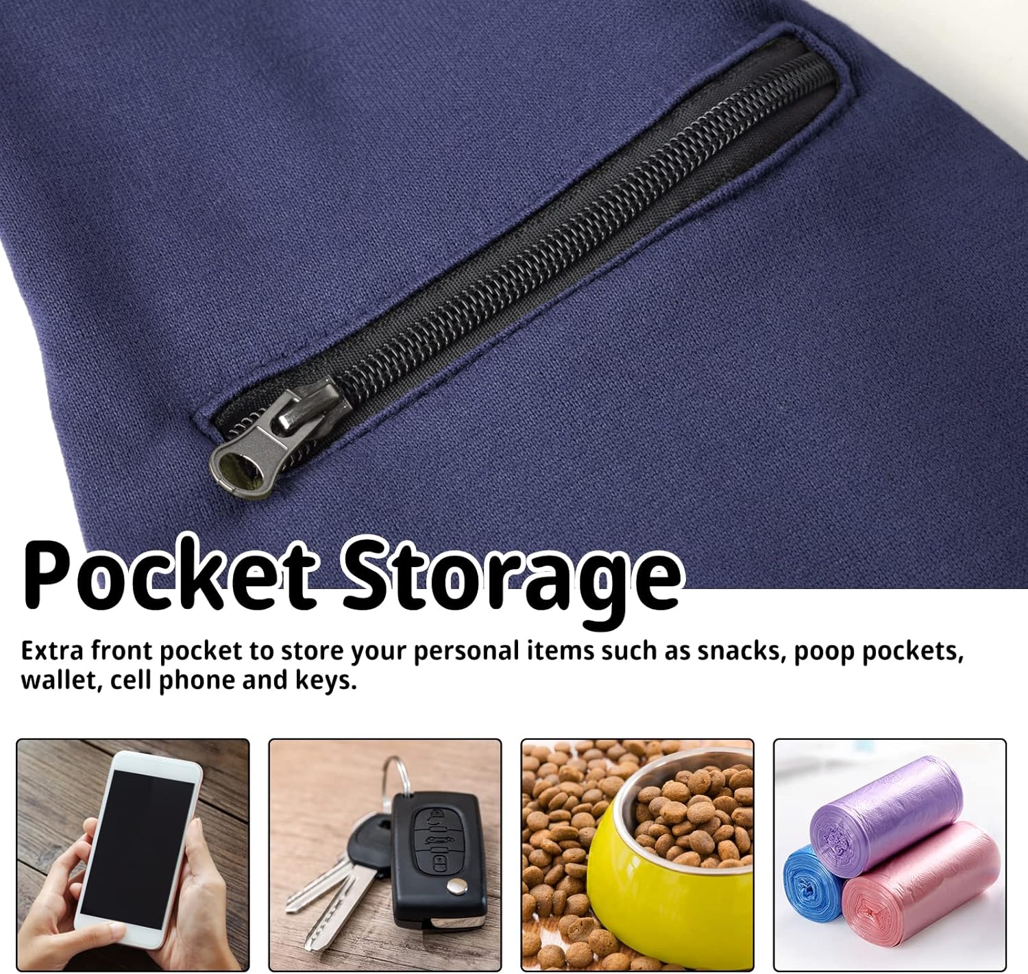 Navy blue bag with a black zipper, featuring text about pocket storage at Pet Servo