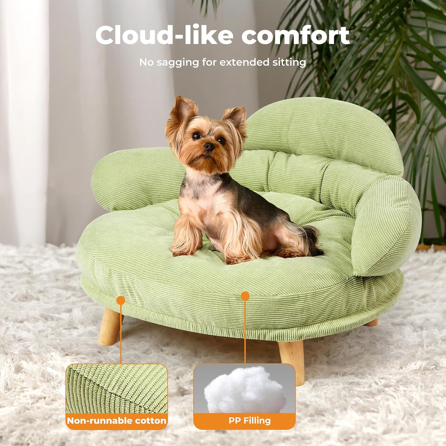 Green pet bed with a dog sitting on it, labeled 'Cloud-like comfort' and 'No sagging for extended sitting' at Pet Servo
