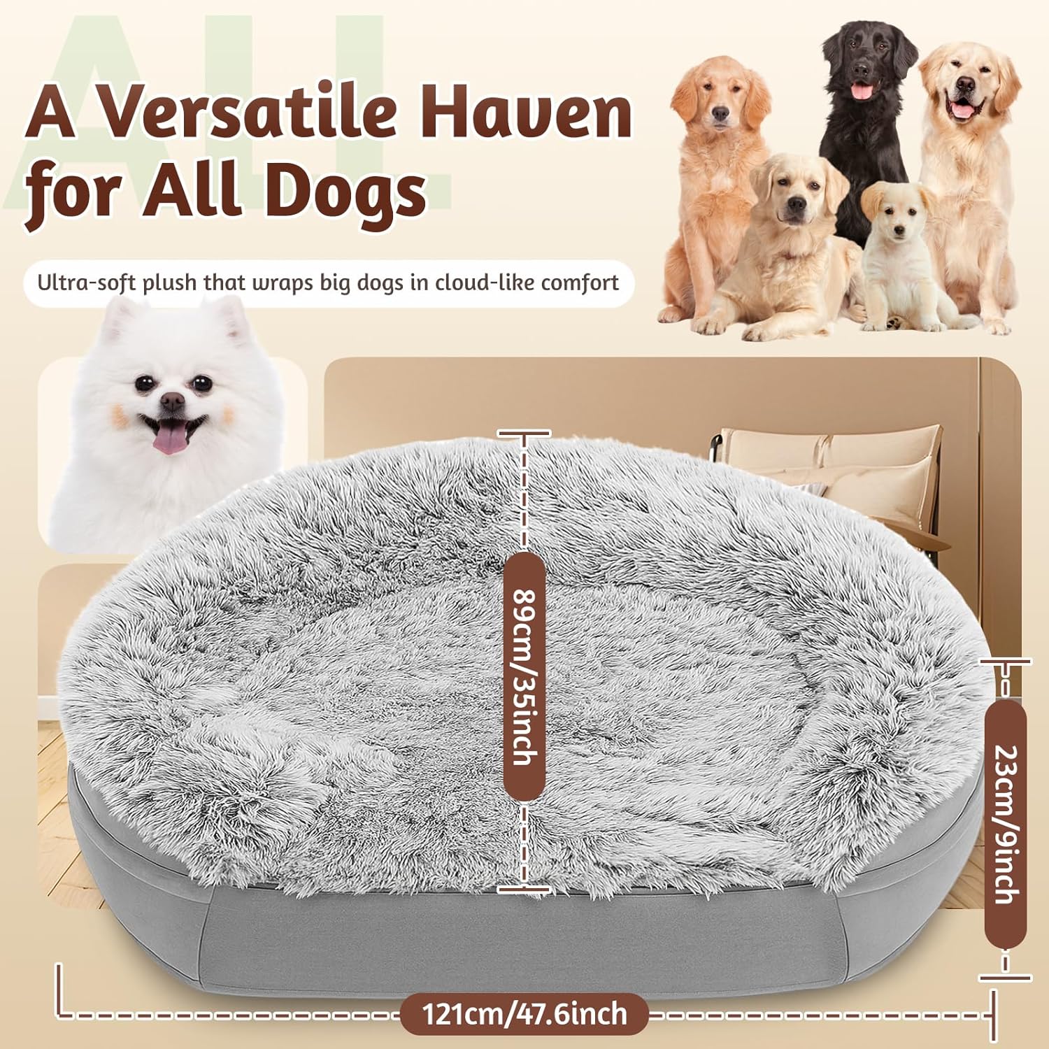 A fluffy oval dog bed with a gray base and light gray shaggy plush top, shown with dimension labels (89cm/35inch, 121cm/47.6inch, 23cm/9inch) and text reading 'A Versatile Haven for All Dogs.