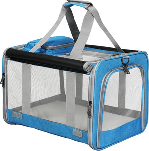 A blue and gray pet carrier bag with mesh windows, dual top handles, and a black padded top trim, shown on a plain white background at Pet Servo