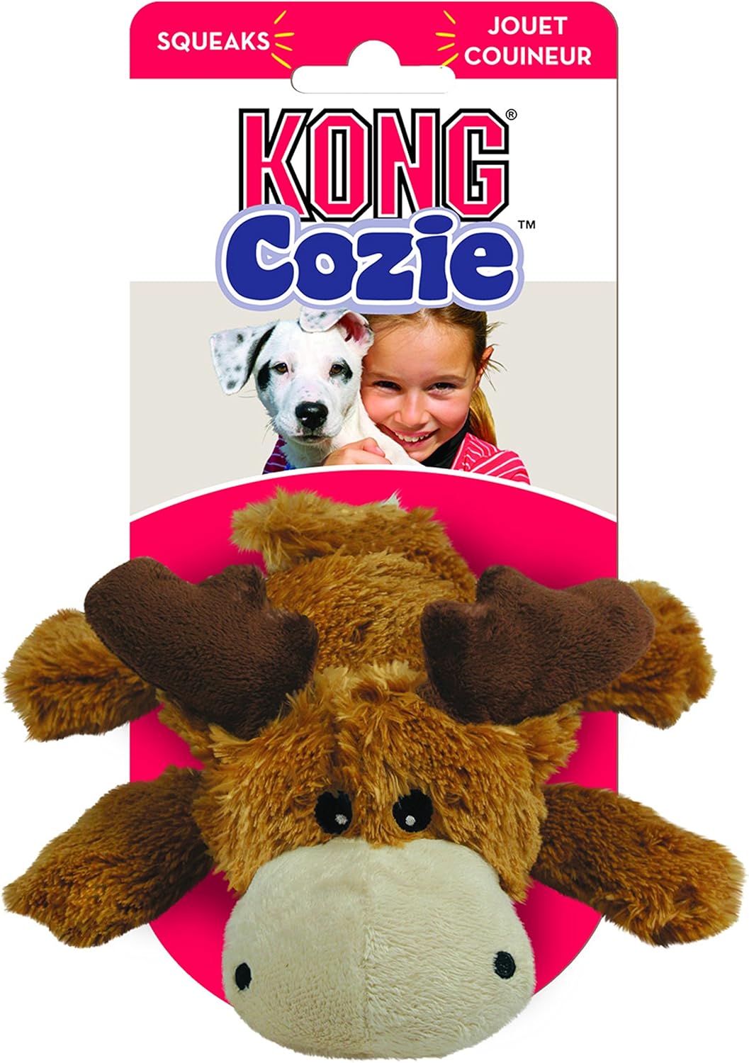 Kong Cozie moose-shaped toy packaging with a girl and dog on a white background at Pet Servo