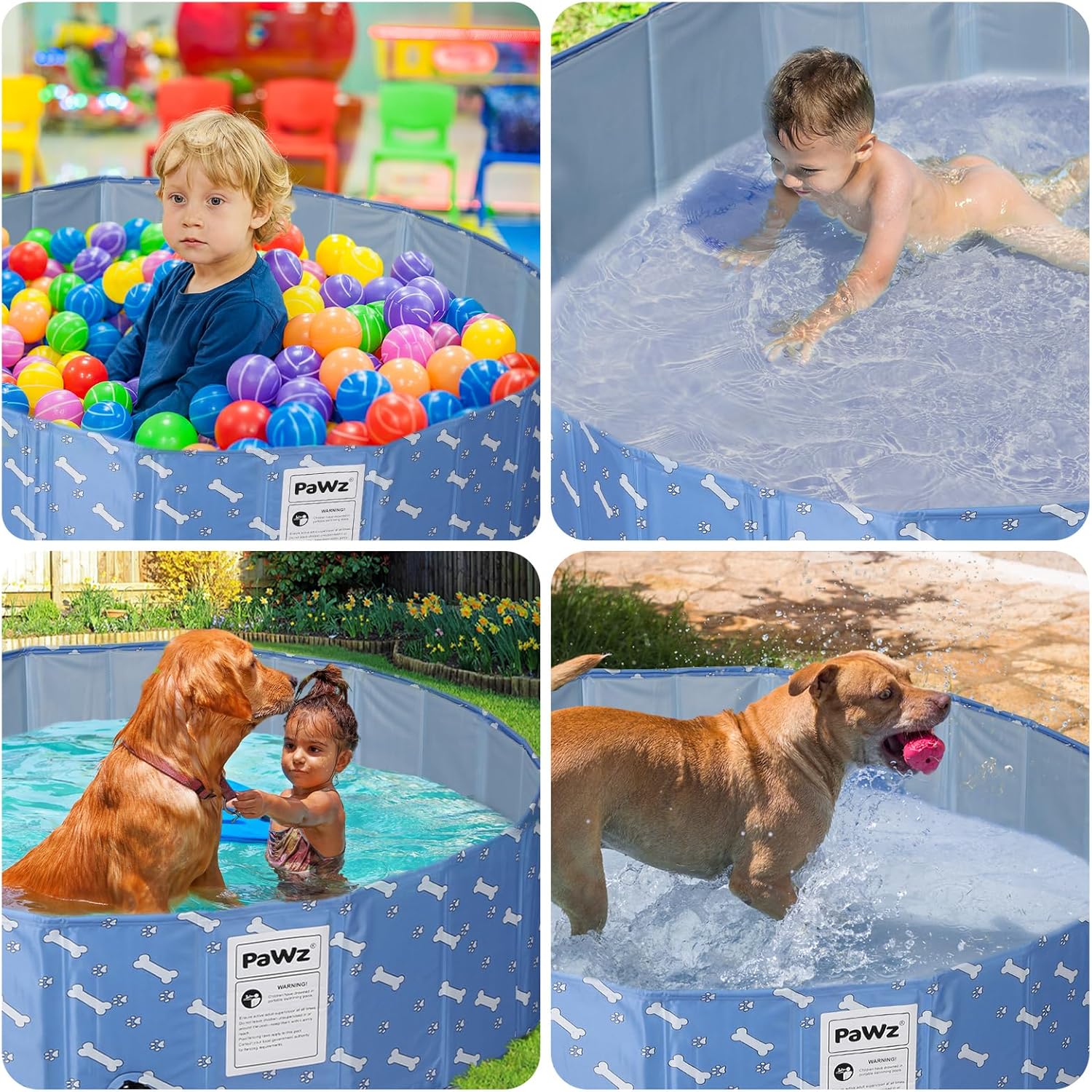 Collage of children and pets playing in a blue inflatable pool with colorful balls and water at Pet Servo