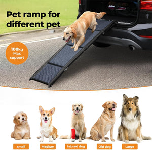A pet ramp for different pets shown in use with a golden retriever stepping down from a black SUV on an outdoor road. The image includes text reading 'Pet ramp for different pet', a '100kg Max support' badge, and a row of five different dog breeds labeled small, medium, injured dog, old dog, and large at Pet Servo