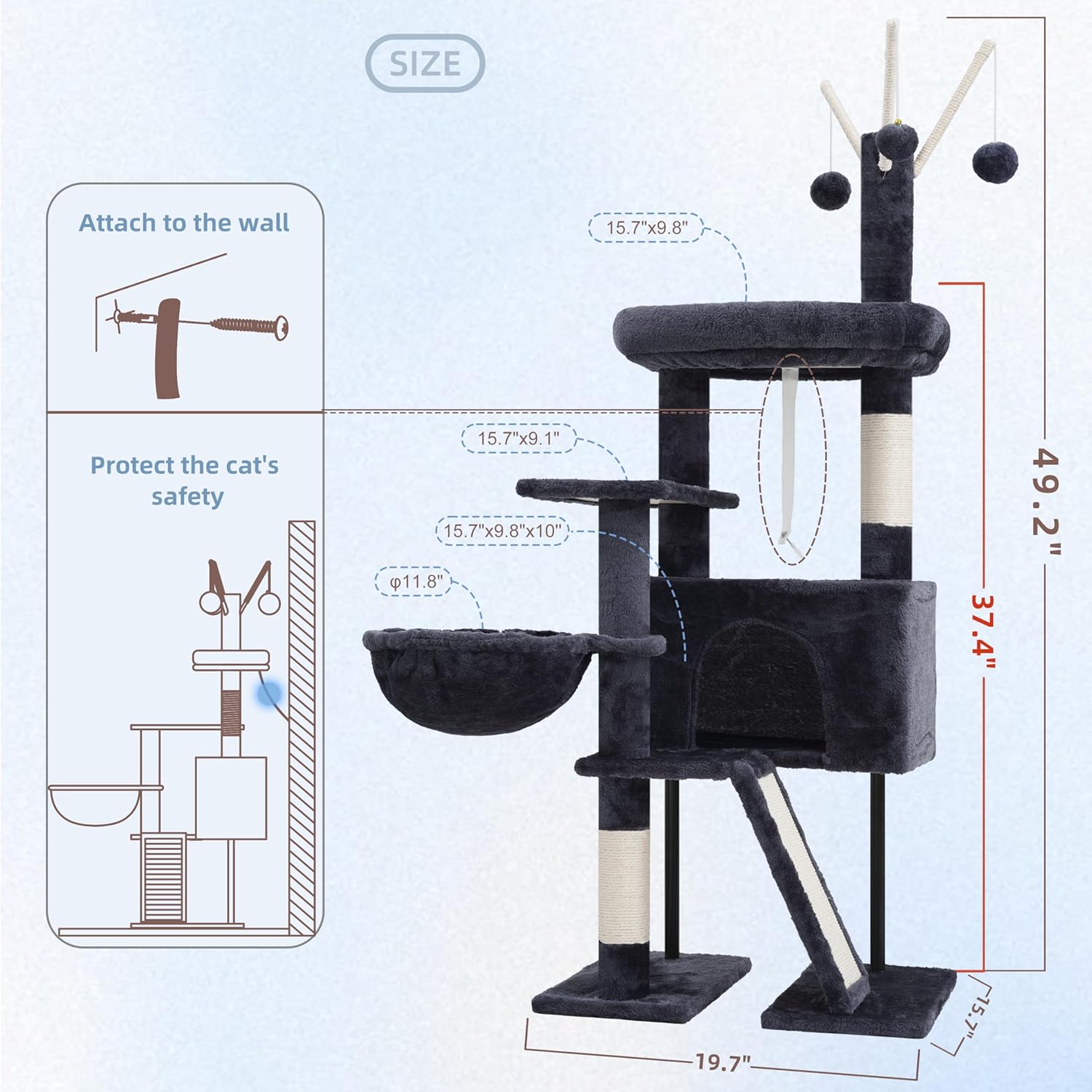 Cat tree with dimensions and installation instructions on a light blue background at Pet Servo