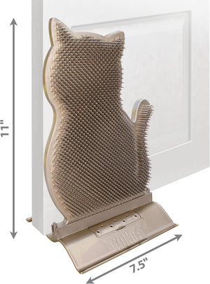 A cat-shaped pet grooming brush with a beige back and brown bristles, shown leaning against a white door with dimension arrows indicating 11 inches tall by 7.5 inches wide at Pet Servo