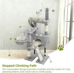 Cat tree with multiple levels and activities for cats, featuring text on a neutral background at Pet Servo