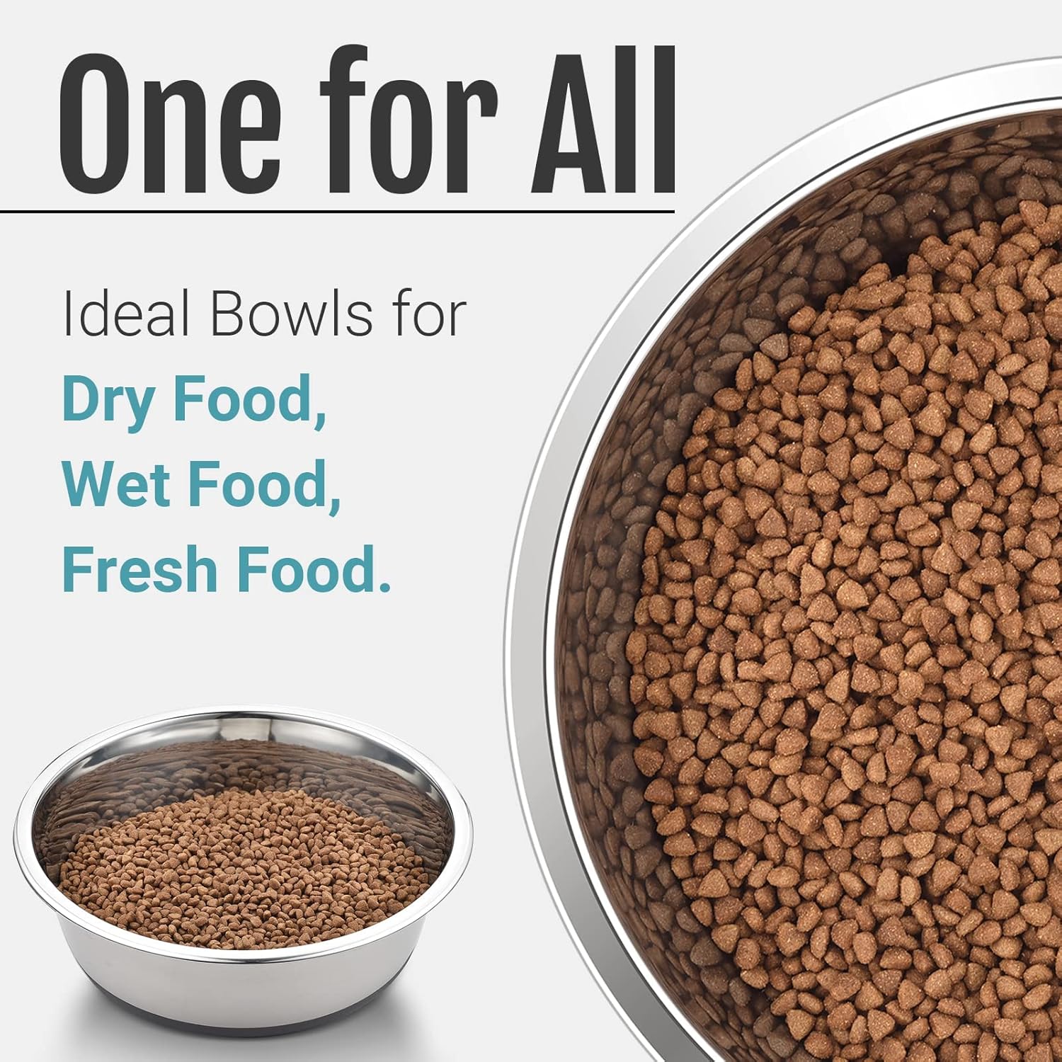 Stainless steel bowl with dry pet food and text 'One for All Ideal Bowls for Dry Food, Wet Food, Fresh Food' at Pet Servo