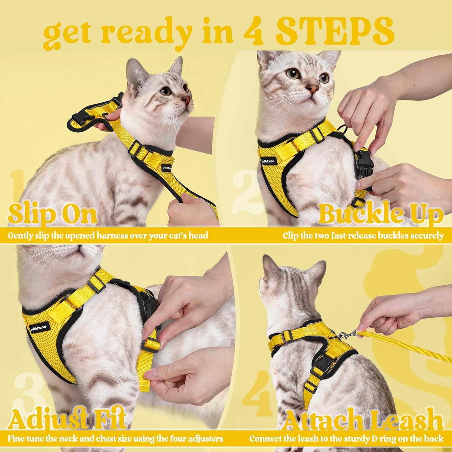 Step-by-step guide on how to put on a yellow cat harness and leash with a cat model at Pet Servo
